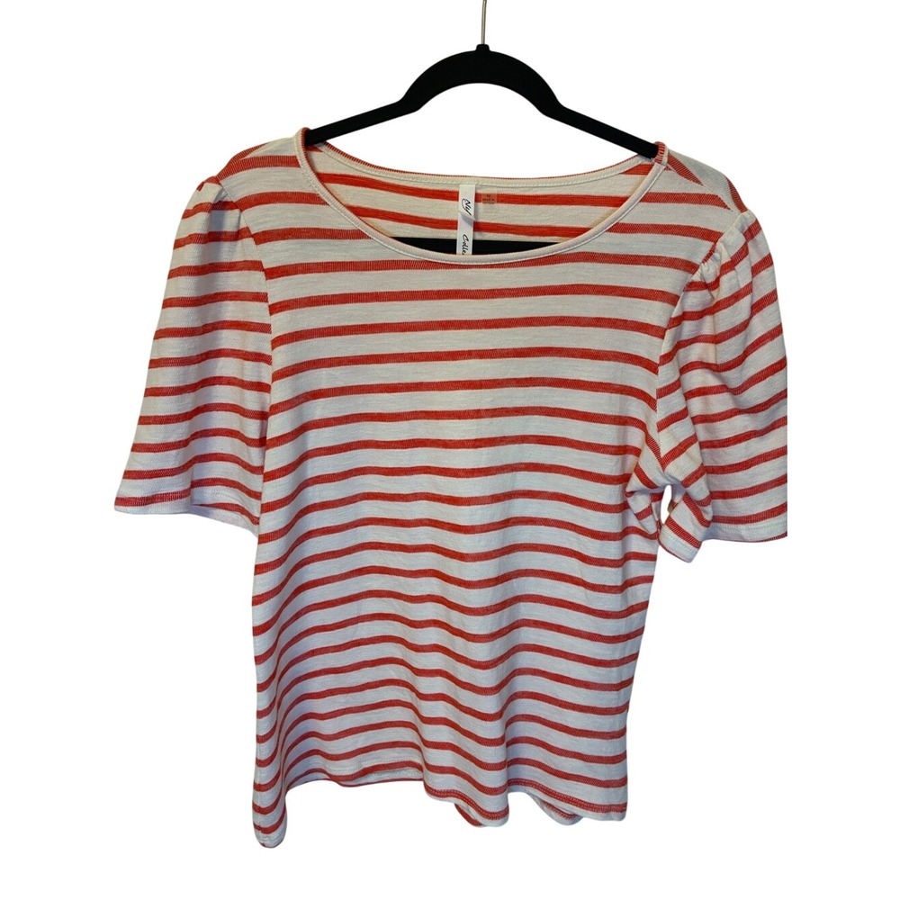 NY Collection Coral and White Striped Short-Sleeve Tee